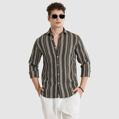 Snitch Men Striped Casual Green Shirt