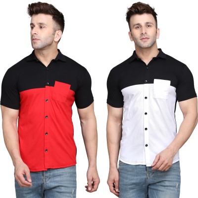Money Leaf Men Solid Casual Red, White, Black Shirt(Pack of 2)