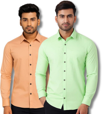 ClothTheory Men Solid Casual Orange, Light Green Shirt(Pack of 2)