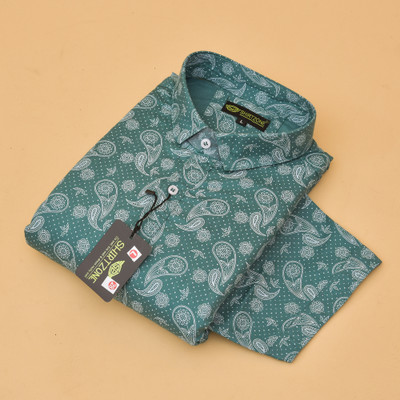 S-LINE Men Printed Casual Dark Green, White Shirt