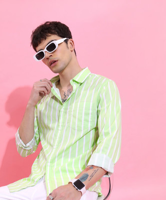 HIGHLANDER Men Striped Casual Light Green, White Shirt