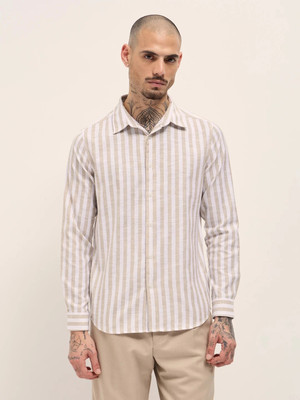 THE BEAR HOUSE Men Striped Casual Cream, Beige Shirt