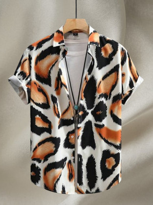 Zonly Men Self Design Casual Orange Shirt