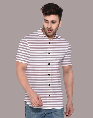 GEUM Men Striped Casual White, Pink Shirt