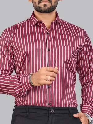 MILDIN Men Striped Formal Maroon Shirt