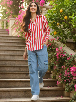 Uptownie Women Floral Print, Striped Casual Red Shirt