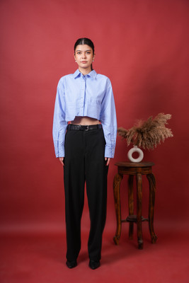 Wavyn Women Striped Formal Blue Shirt