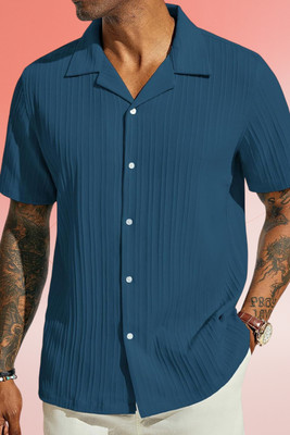 A DEEMOON TREND Men Self Design Casual Blue Shirt