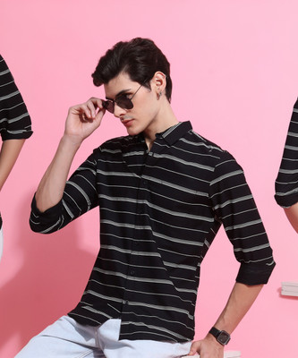 HIGHLANDER Men Striped Casual Black, White Shirt