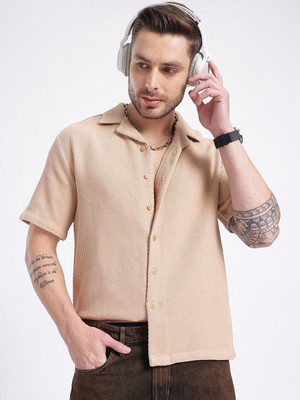 Glitchez Men Self Design Casual Beige Shirt