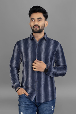 Mahira Enterprise Men Striped Formal Blue Shirt