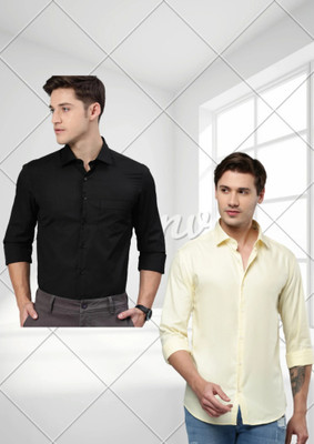 Arthz Fashion Trend Men Striped, Embroidered Casual Yellow, Black Shirt(Pack of 2)