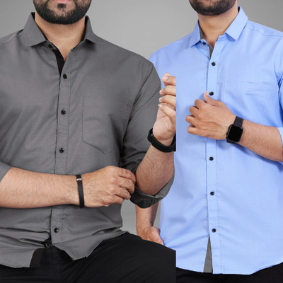 BROWEARS Men Solid Casual Grey, Light Blue Shirt(Pack of 2)