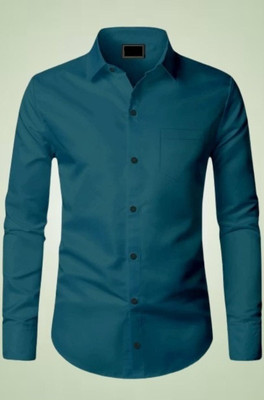 MUMIN Men Self Design Formal Blue Shirt