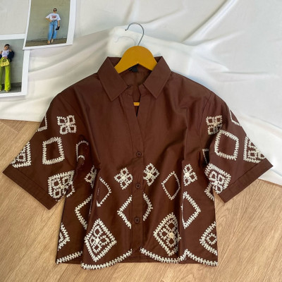 PFab Women Embroidered Casual Brown Shirt