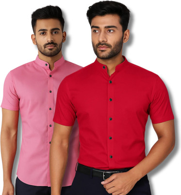 ModeNex Men Solid Casual Pink, Red Shirt(Pack of 2)
