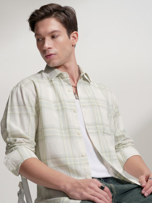 LOCOMOTIVE Men Checkered Casual Cream Shirt