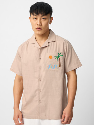 The Souled Store Men Self Design Casual Beige Shirt