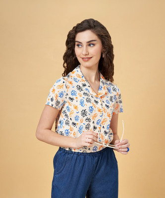 PEOPLE Women Floral Print Casual White Shirt