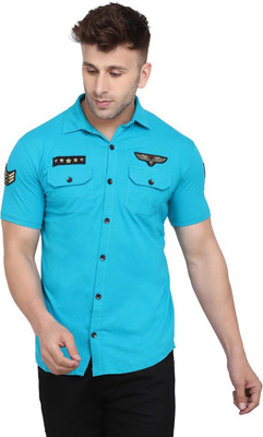 HouseOfCommon Men Solid Casual Blue Shirt