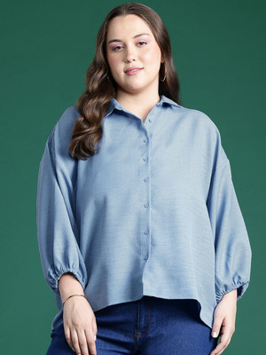 DressBerry Curve Women Solid Casual Blue Shirt