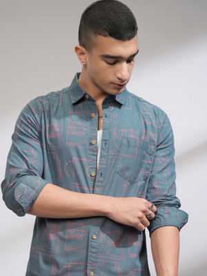 HIGHLANDER Men Printed Casual Light Blue Shirt