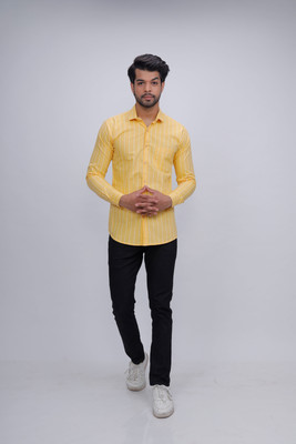 goodlucklife Men Striped Casual Yellow Shirt