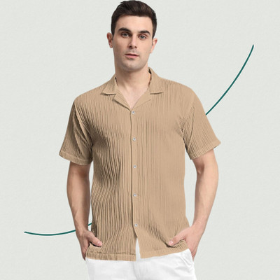 A COMBRAIDED Men Self Design Casual Beige Shirt