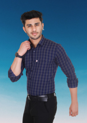 Arthz Fashion Trend Men Checkered Casual Dark Blue Shirt