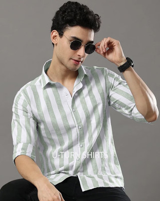 U TURN Men Striped Casual Green Shirt