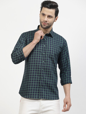 Coolequal Men Checkered Casual Dark Blue, Green Shirt