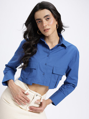 Glitchez Women Solid Casual Blue Shirt
