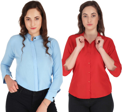 Hunoor Women Solid Casual Red, Light Blue Shirt(Pack of 2)