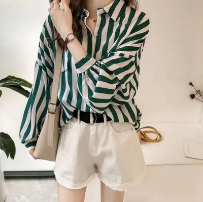 Gloglamp Women Striped Formal Green, White Shirt