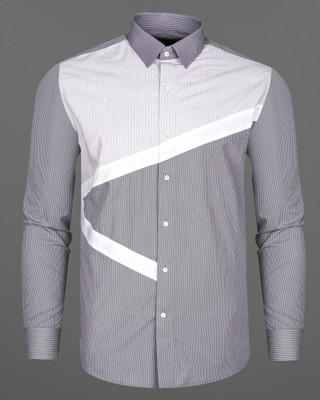 french crown Men Striped Formal Grey Shirt