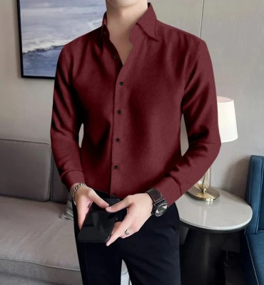 MIVAAN Men Self Design Casual Maroon Shirt