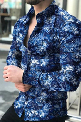 SHIMAK Men Printed Casual Blue Shirt