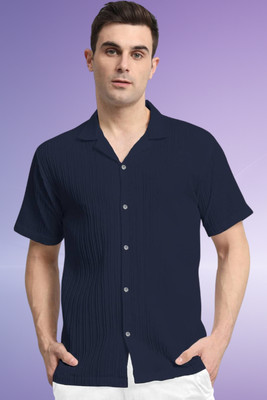 A DEEMOON TREND Men Self Design Casual Dark Blue Shirt