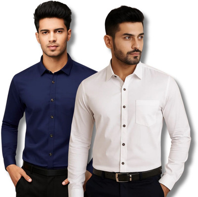 ClothTheory Men Solid Casual Dark Blue, White Shirt(Pack of 2)