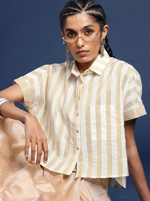 Taavi Women Striped Casual White Shirt