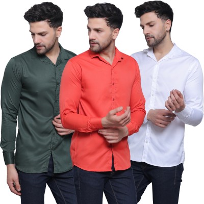 FILNECH Men Solid Casual Dark Green, Orange, White Shirt(Pack of 3)