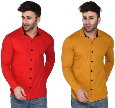 Money Leaf Men Solid Casual Red, Gold Shirt(Pack of 2)