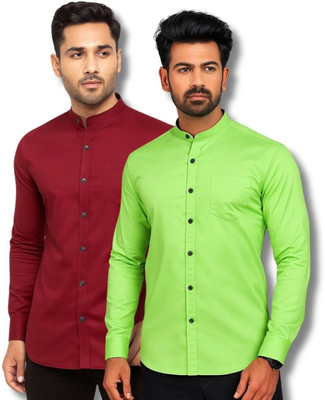 CROWNTAIL Men Solid Casual Maroon, Light Green Shirt(Pack of 2)