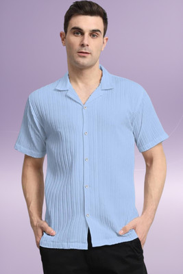 A DEEMOON TREND Men Striped Casual Light Blue Shirt