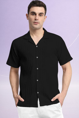 A DEEMOON TREND Men Self Design Casual Black Shirt