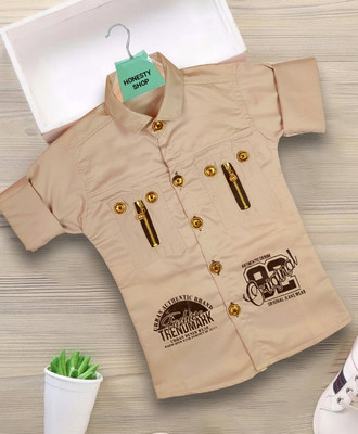 HONESTYSHOP Boys Self Design Party Cream Shirt