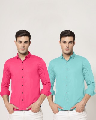 allan peter Men Solid Casual Pink, Light Blue Shirt(Pack of 2)