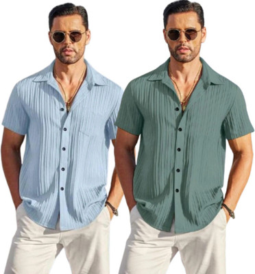 METRONAUT Men Self Design Casual Light Blue, Dark Green Shirt(Pack of 2)