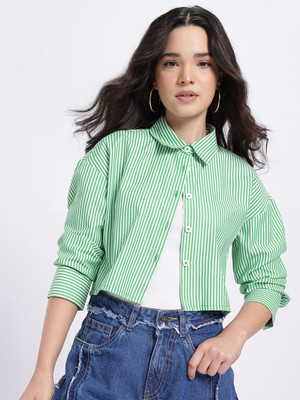 Glitchez Women Striped Casual Green Shirt