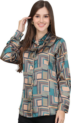 Dormio Women Checkered, Geometric Print Formal Dark Green, Brown, Gold Shirt
